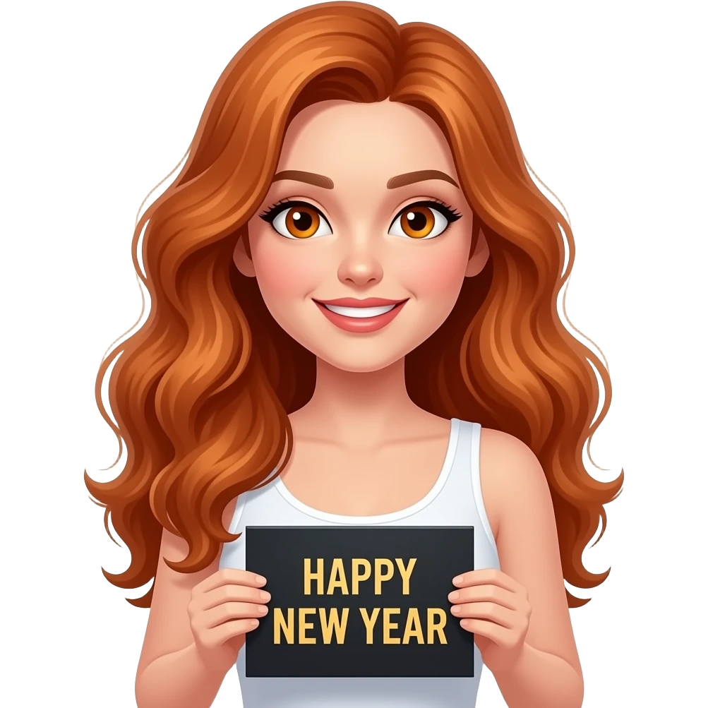 sexy girl with long wavy ginger hair and ginger eyes wearing a white tanktop is holding a black colored sign with HAPPY NEW YEAR written on it emoji