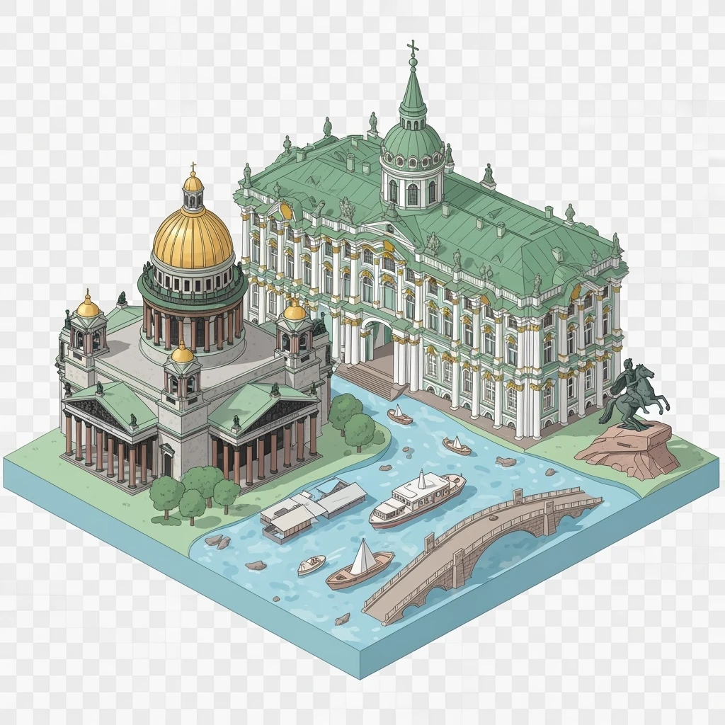 Isometric illustration of Saint Petersburg with the Saint Isaac’s Cathedral, the photorealistic Winter Palace, and the Bronze Horseman statue, toy boats and bridges, in pastel miniature diorama style, transparent background emoji
