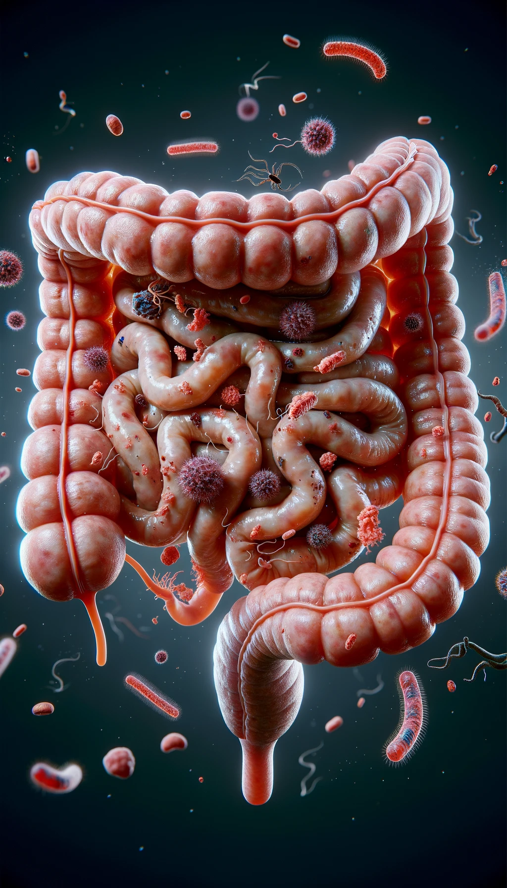 intestino umano realistico con batteri e parassiti che gli fluttuano intorno, iperrealistico 4k emoji