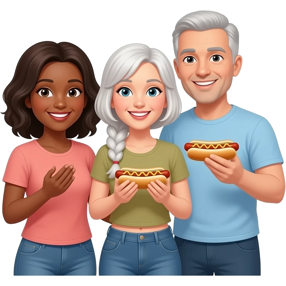 Brown skinned woman with dark hair and a white woman with white gray hair and white man with shaved head celebrating with hot dogs emoji