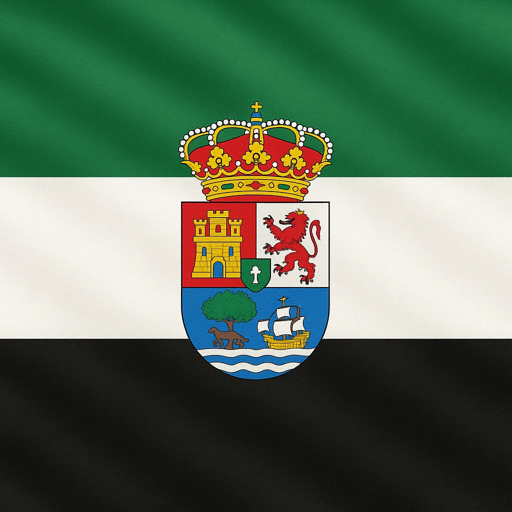 the flag of Extremadura, Spain, with three horizontal stripes: green, white, and black, and the coat of arms of Extremadura in the center emoji