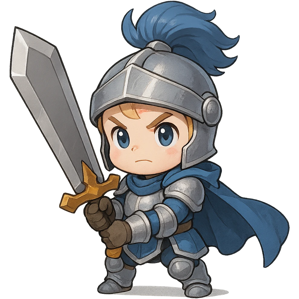 chibi baby knight in blue and silver armor, wielding an oversized sword, heroic and noble expression emoji