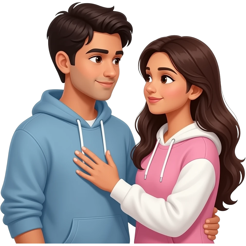 long haired Indian lady in sweatshirt holding her hand on boyfriend heart looking at each other lovingly emoji