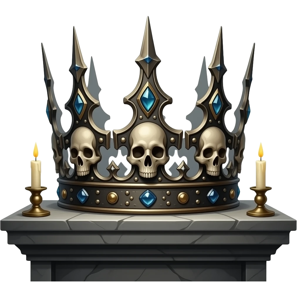 Готическая Корона (верх): корона из костей и темного металла. Видны верхние зубцы и камни. На краю алтаря со свечами. Мрачная атмосфера, резкие тени. emoji