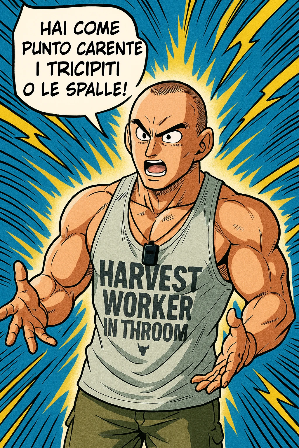 Personal trainer che dice al suo allievo, "hai come punto carente i tricipiti o le spalle!" Stile manga di Dragon Ball emoji