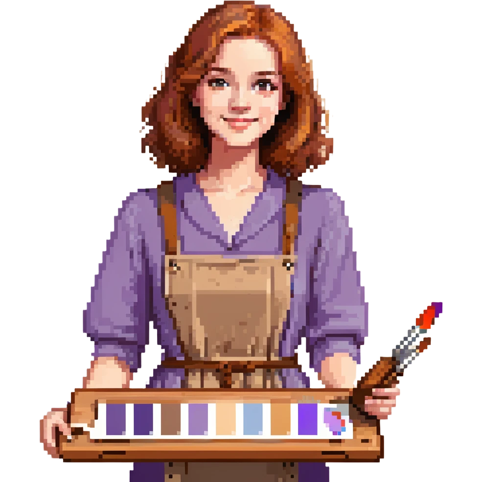 Serene female oil painter, Caucasian features, shoulder-length auburn hair, soft brown eyes, gentle smile, wearing a violet painter’s smock lightly stained with paint over a beige blouse, holding a wooden palette with vibrant colors in one hand and a brush in the other, waist-up, front-facing emoji
