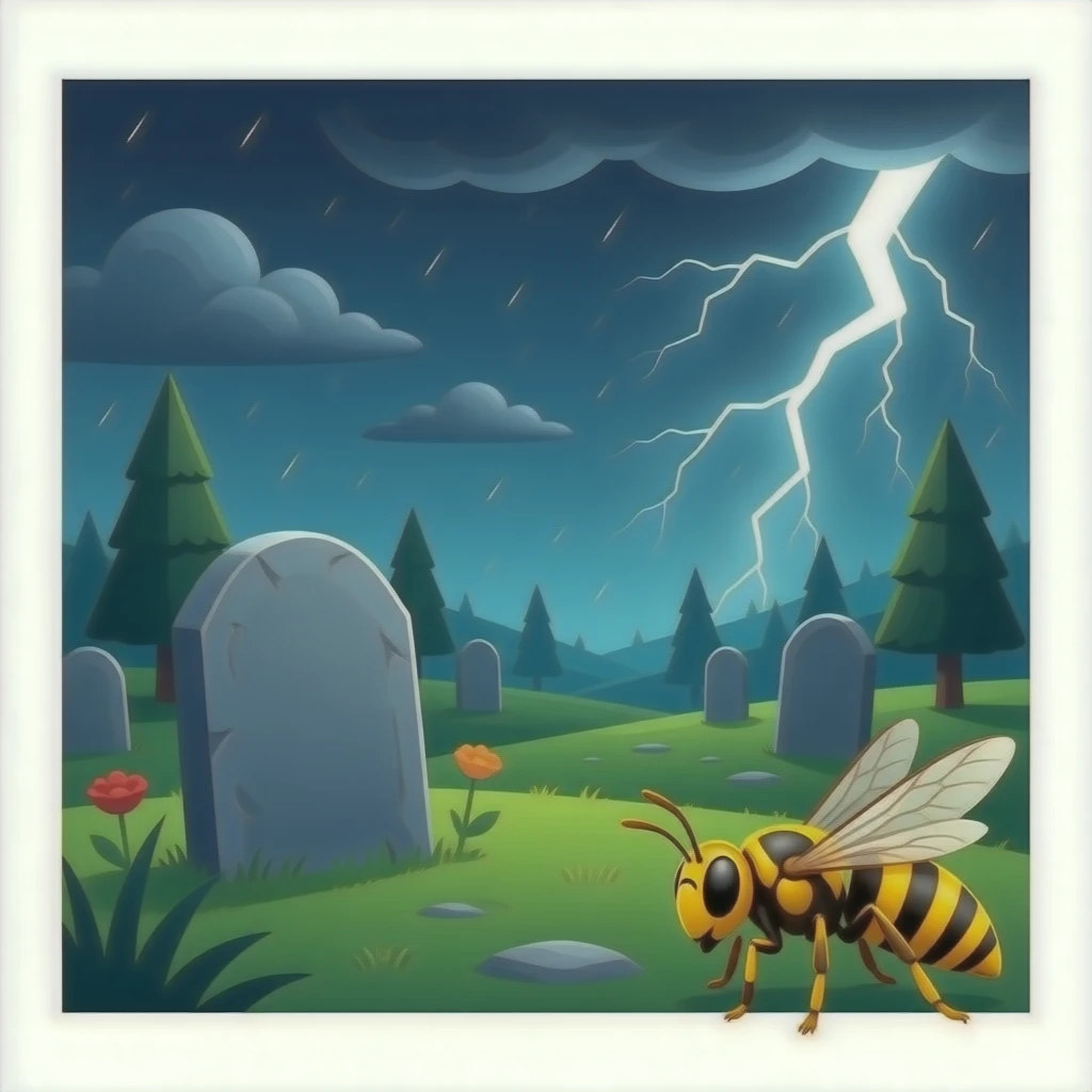 A grave with a wasp flying next to it emoji