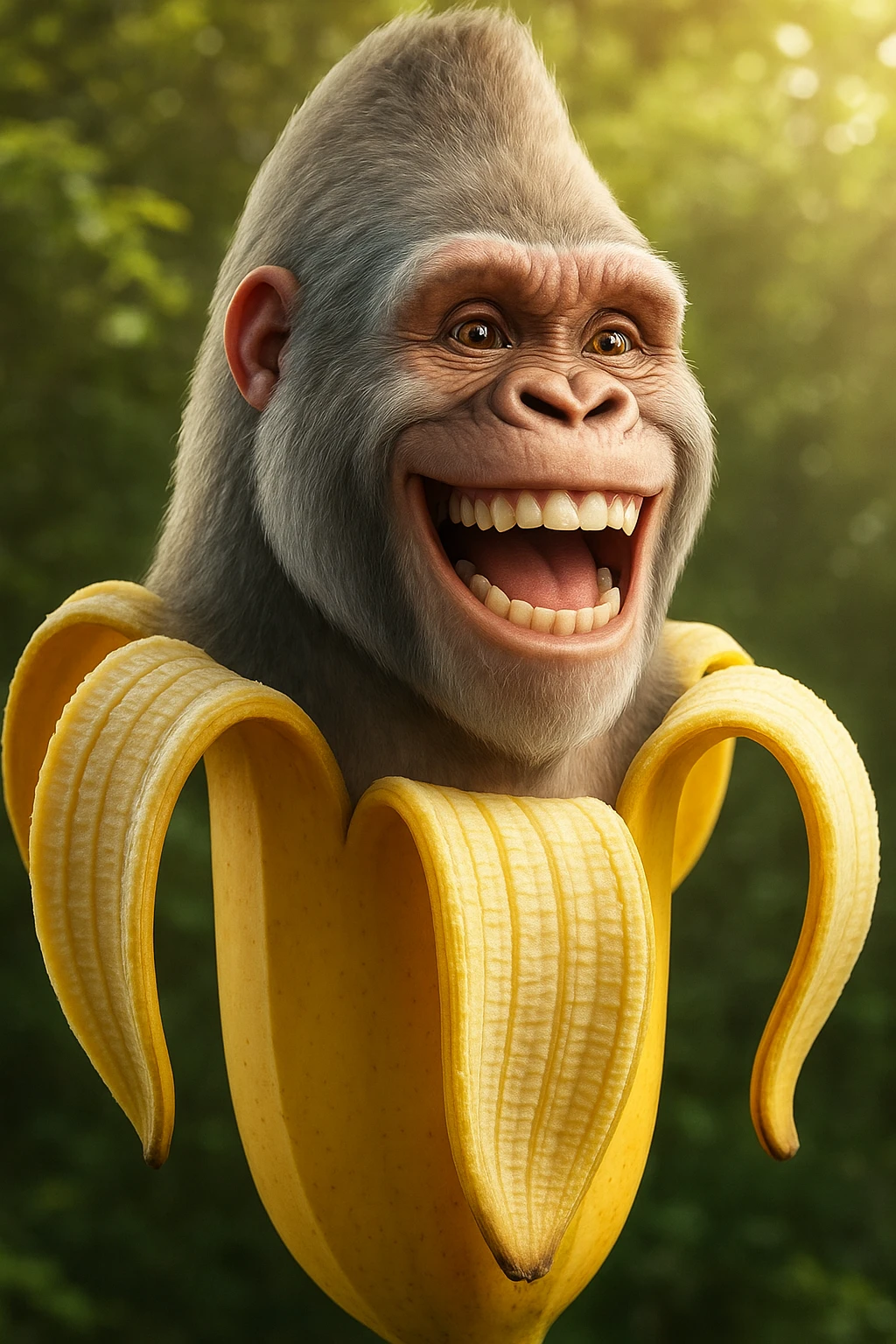 Change the gorilla's expression to a big, joyful smile while keeping the same style and quality as the original image. emoji