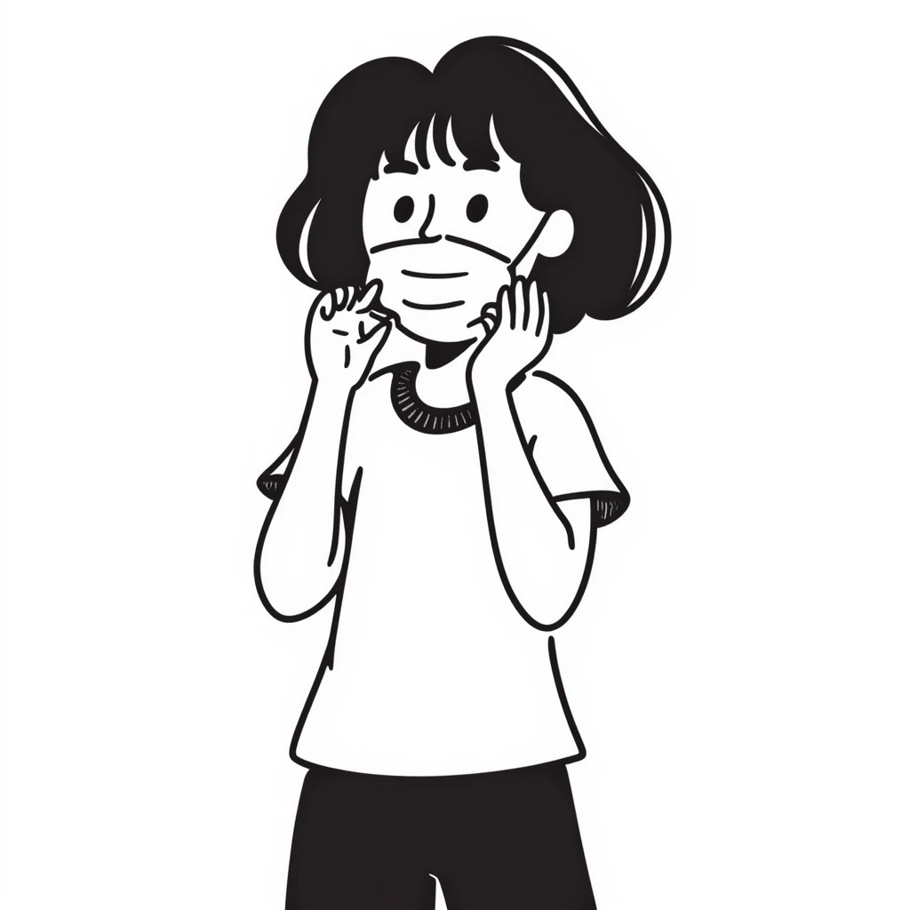 Old girl wearing medical mask with bangs and short hair, hair color brown emoji