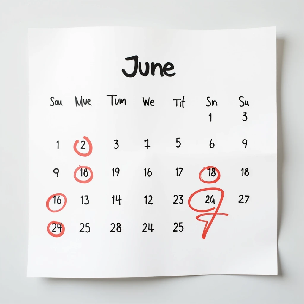 photorealistic calendar sheet, no background, with days from June 1 to June 7 (Monday to Saturday) circled in red, no border, no shadow, just the sheet emoji