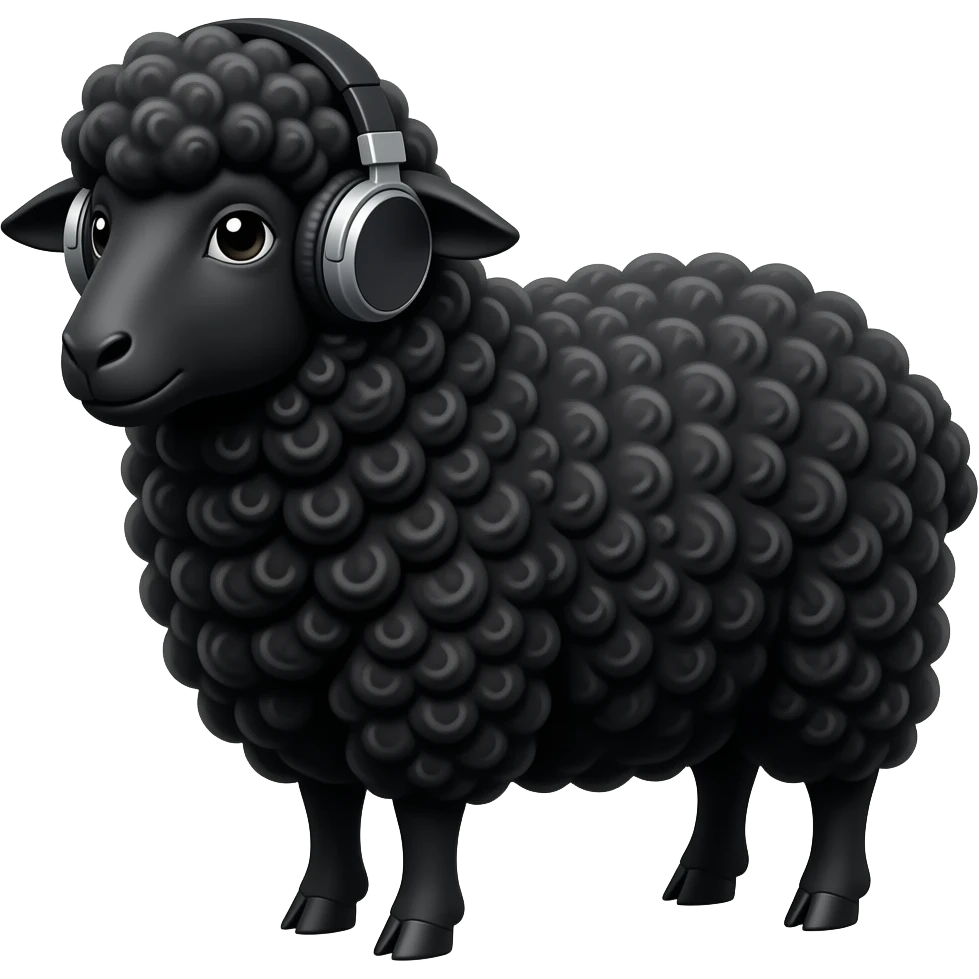 a black sheep with black wool wearing headphones. fun cartoon style emoji