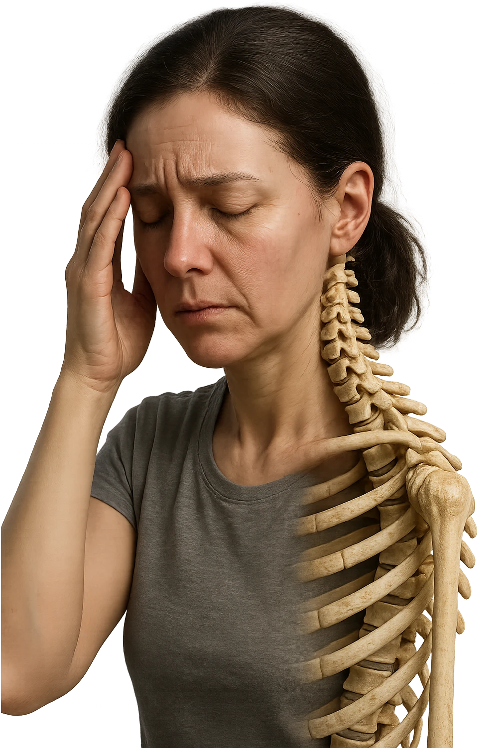 donna stanca che si tiene una mano sulla tempia con spina dorsale anatomica visibile, iperrealistico 4k emoji