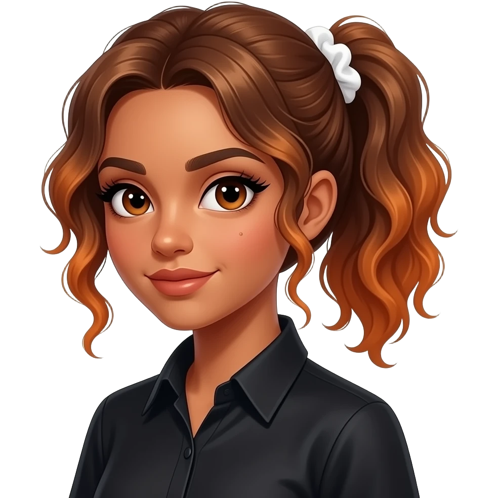 girl with medium to long, slightly curly brown, naturally very lightlyorange-tinted hair all gathered up in a single low ponytail held with a white scrunchie, dark-goldenish-brown skin, big brown eyes, long lashes, thick dark eyebrows, a single dimple on her left cheek, vampire shirt. emoji
