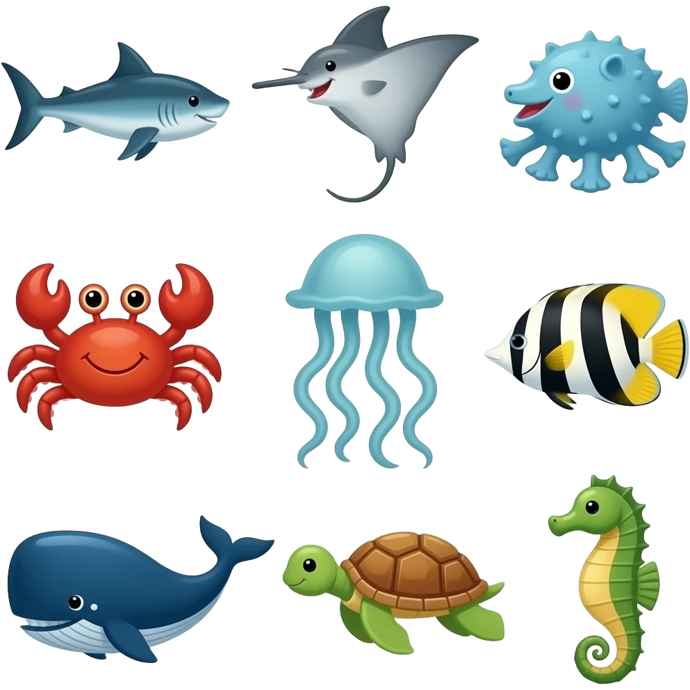 Pete the cat sees a swordfish, stingray, blowfish, octopus, crab, eel, jellyfish, angelfish, whale, sea turtle, and seahorse emoji