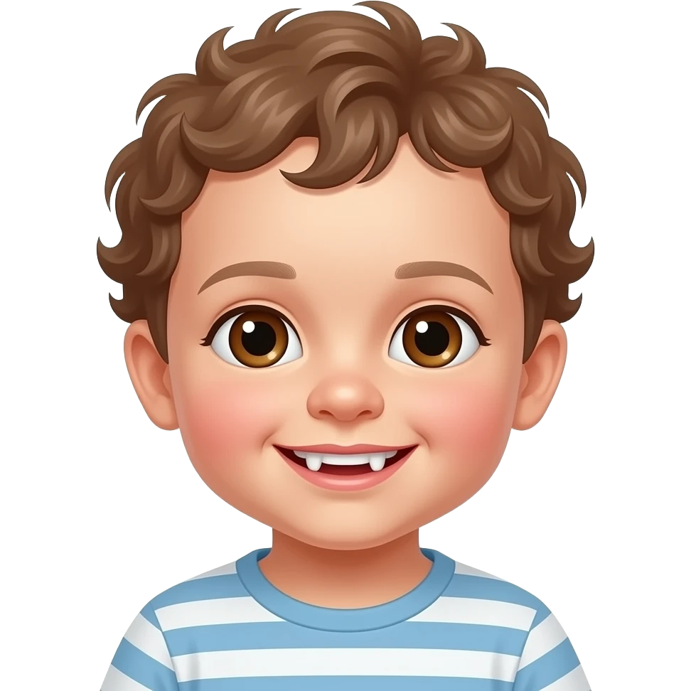 White 1 year old baby boy with curly hair with brown eyes with two teeth emoji