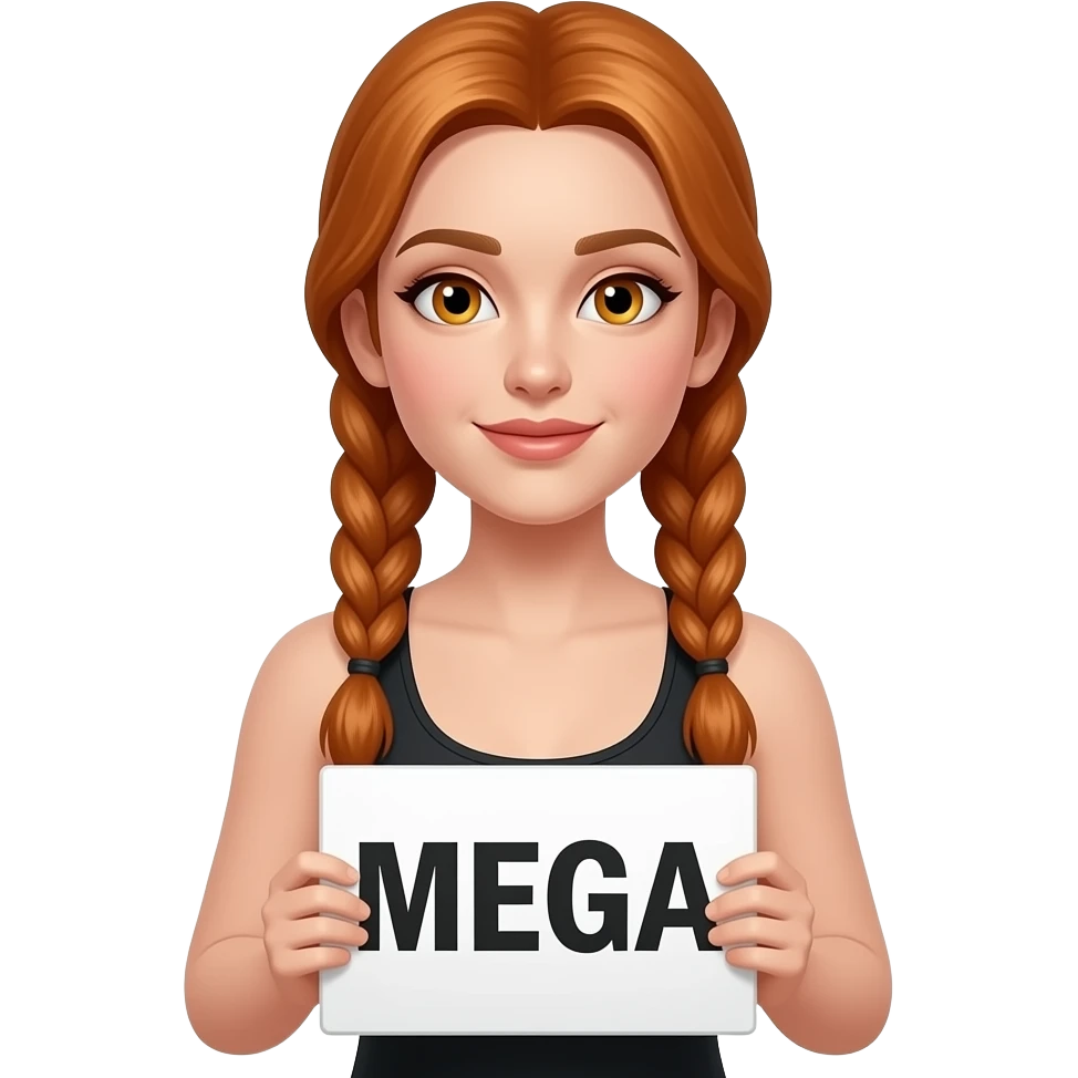 sexy girl with long ginger braids and ginger eyes wearing a black tanktop and is holding a white sign with MEGA written on it emoji