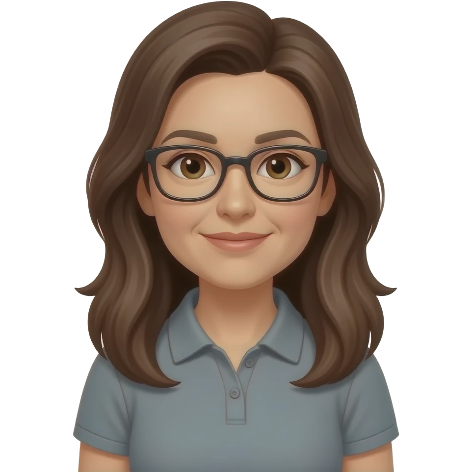 woman, 40 years old, long brown hair, wearing a grey polo, glasses, brown eyes emoji
