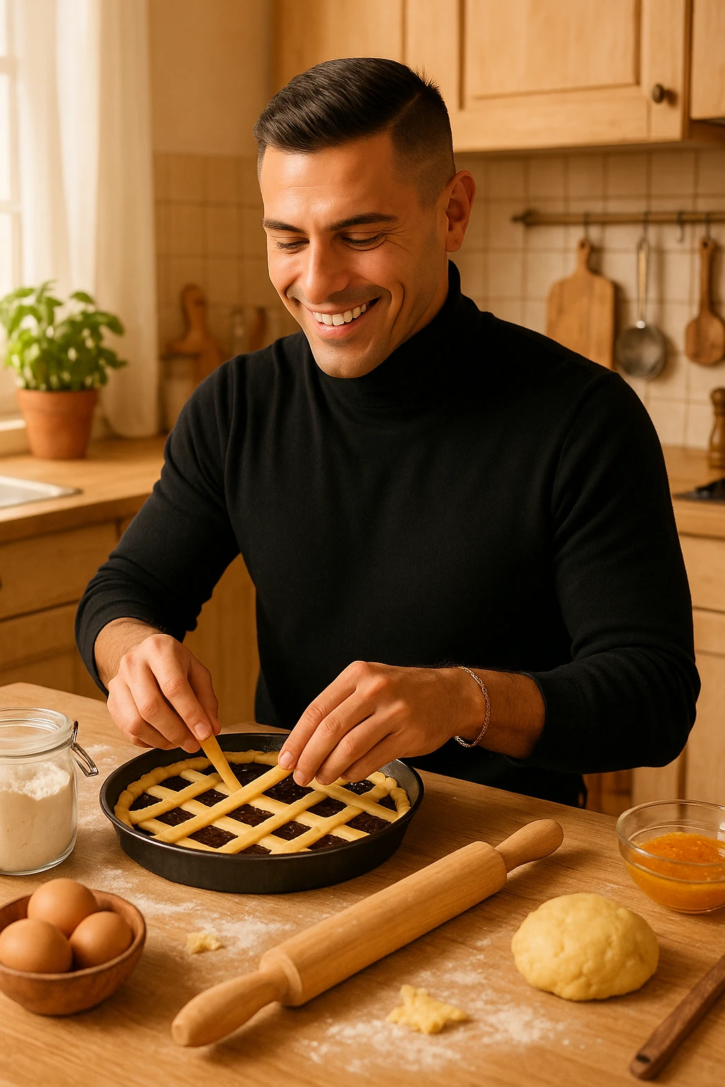 uomo che cucina il suo dolce preferito una crostata emoji