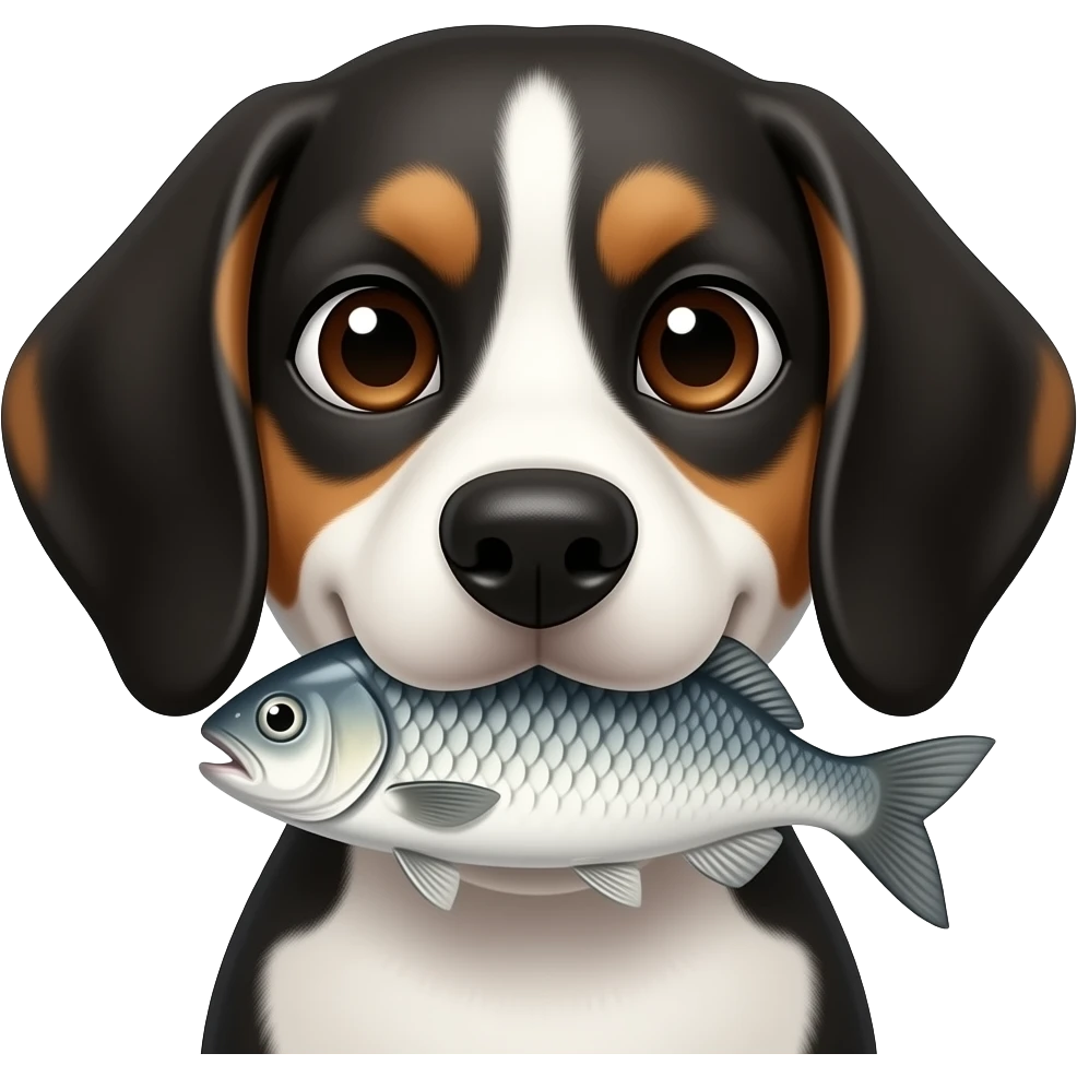 Black white beagle face black ears brown eyes fish in mouth emoji