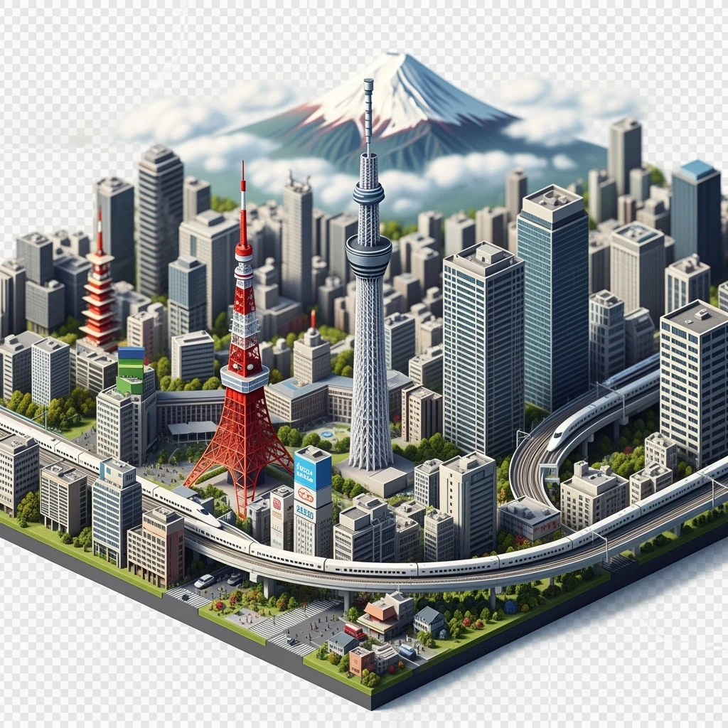 Isometric illustration of Tokyo, with photorealistic detailed miniature cityscape included Tokyo Tower, Skytree, Shibuya Crossing, Mount Fuji in background, high-speed trains, subtle 3D miniature effect and Tilt Shift effect, no cartoonish look, transparent background. emoji
