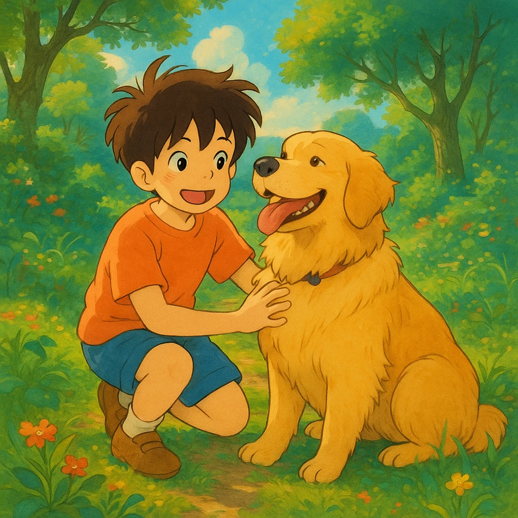 kid and his pet dog in studio ghibili style emoji
