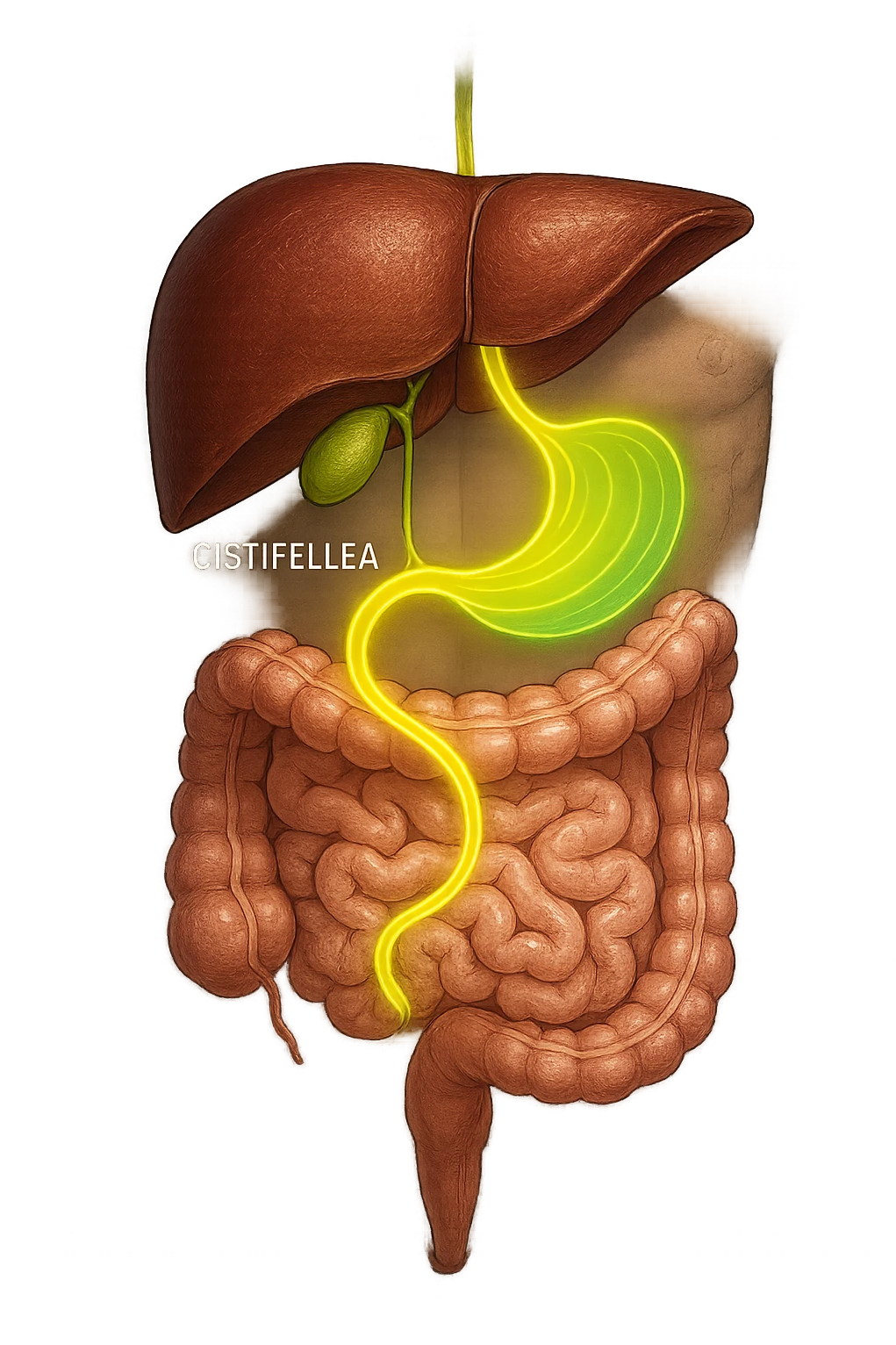 A detailed anatomical illustration-style image focusing on the human torso, highlighting the liver, gallbladder (cistifellea), and intestines. The organs are shown with realistic textures and colors: the liver in deep reddish-brown, the gallbladder as a small greenish sac tucked under the liver, and the intestines in soft pinkish hues. Connecting these organs are glowing, semi-transparent lines or light trails in vibrant colors (e.g., bright yellow or green) that visually trace the functional and physiological links between them. The lines flow smoothly from the liver to the gallbladder and then down to the intestines, symbolizing bile flow and digestive processes. The background is a subtle dark gradient that enhances the brightness and clarity of the lines and organs. The style is a blend of medical illustration and modern digital art, clear, precise, and visually engaging emoji