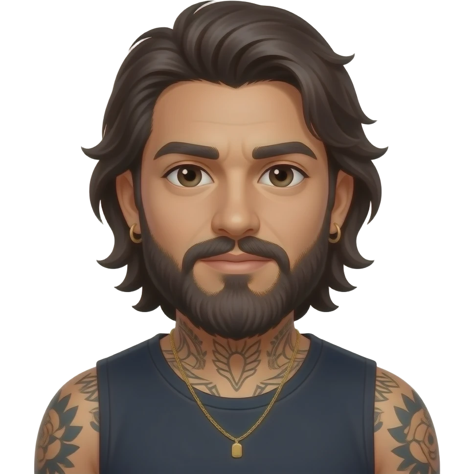 Kawaii style Handsome Latino, with a text bubble man with medium length hair and tattoos with a long beard saying nope emoji