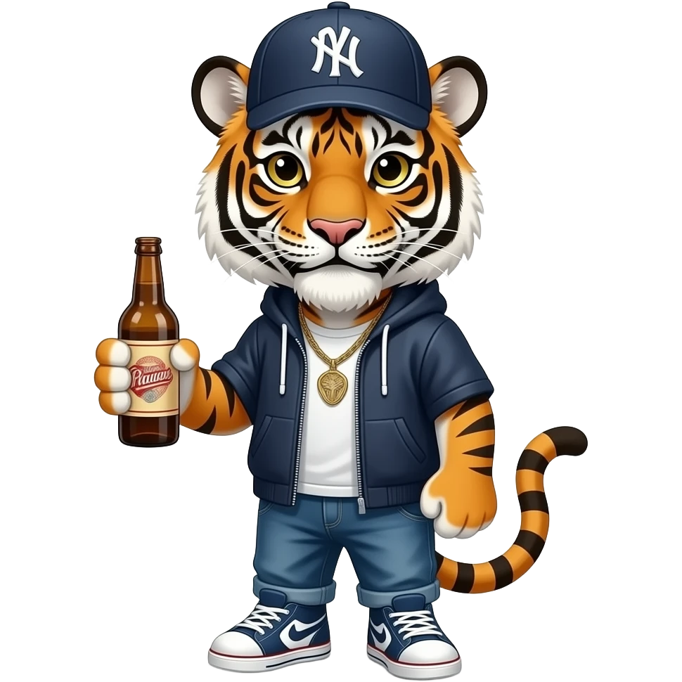 A ghetto tiger standing with a cap and a bottle in his hand emoji