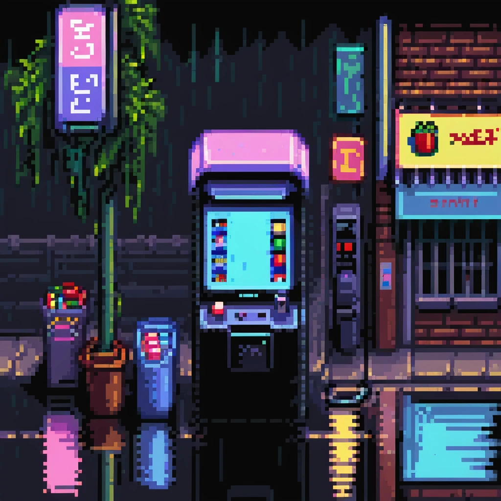 Pixel art urban street at night, side view, neon lights, vending machine, empty sidewalk, moody atmosphere, light rain reflections, trash bins, vertical 9:16 aspect ratio, Sega Genesis fighting game background
 emoji