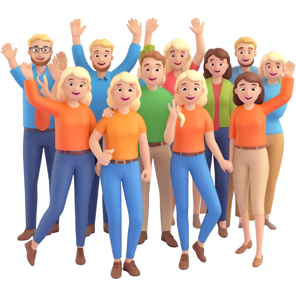 Three happy white male designers and six happy white female designers, all celebrating a successful project emoji
