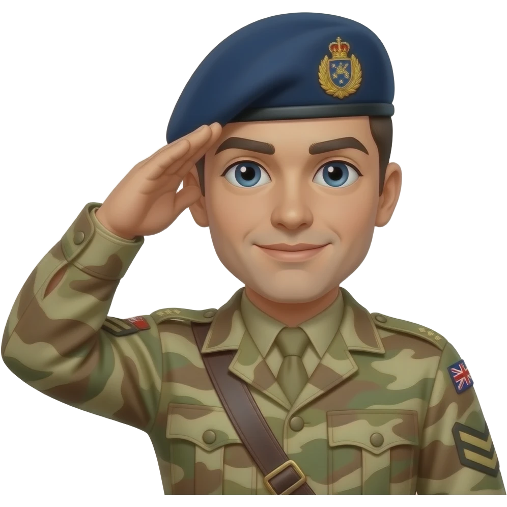 head and shoulders shot of soldier wearing midnight blue beret with british army royal artillery badge saluting emoji