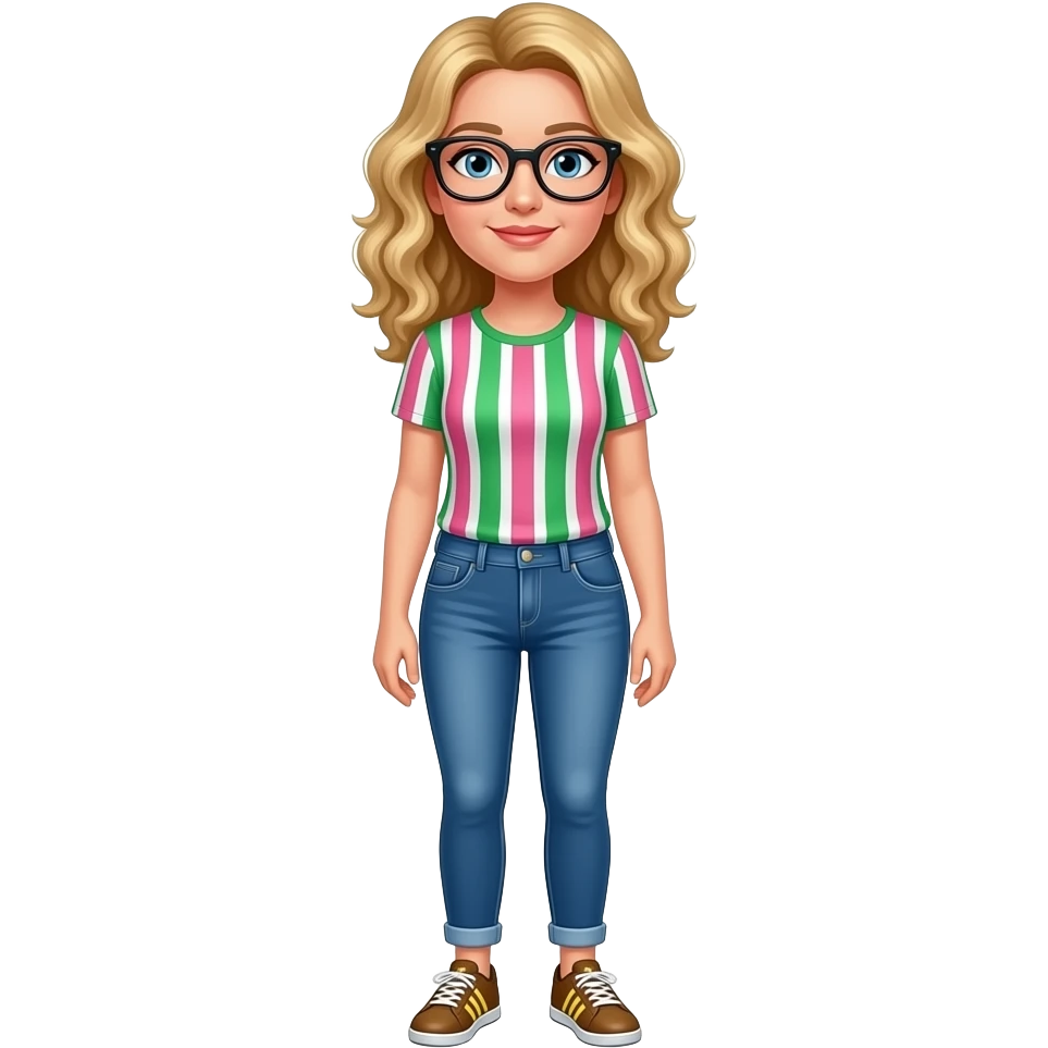 Make an emoji a women teacher dutch with glasses and blonde curly mi long hear with an t-shirt with green pink and withe  vertical stripes and a blue jeans witch addidas shoes brown and yellow emoji