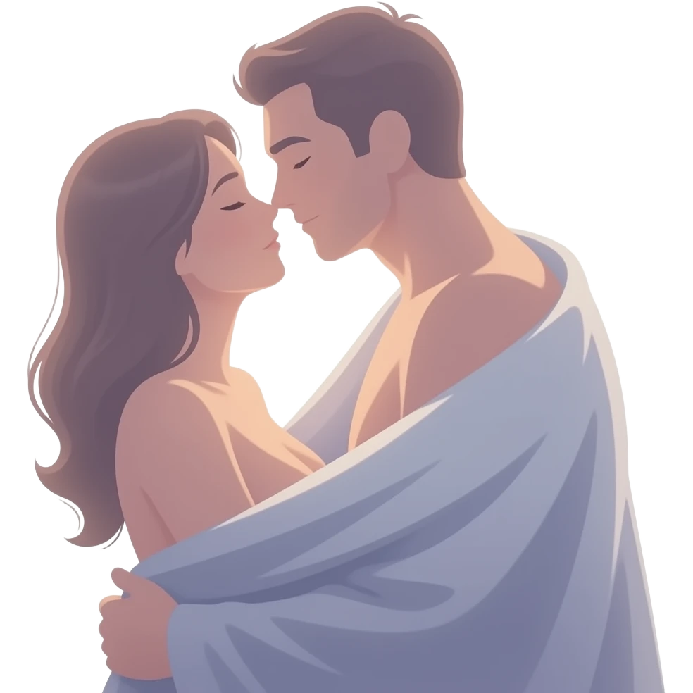 A tasteful, soft-lit artistic illustration of an adult couple in a private, intimate pose from a rear/side angle, partially covered with fabric and shadows, focusing on silhouettes and emotional connection rather than explicit detail. emoji
