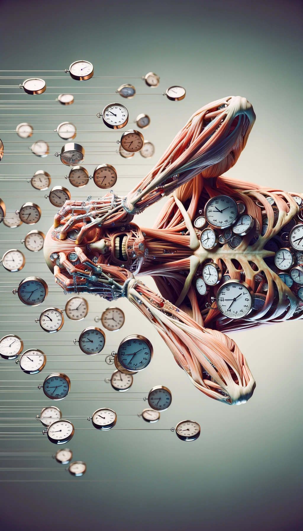 corpo umano anatomico CHE TIENE OROLOGI NELLE MANI E STA IMPAZZENDO PERCHé NON RIESCE A SVOLGERE TUTTE LE SUE ATTIVITà QUOTIDIANE: NON HA TEMPO, SFONDO CHIARO, iperrealistico 4k emoji