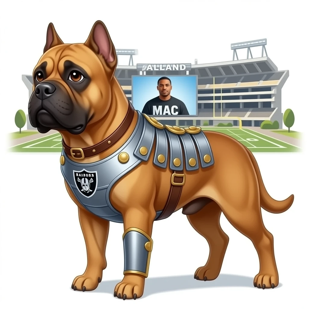 A cane Corso fawn color clipped ears, no  tail, triple muscle dressed like a Roman war dog standing in front of the Oakland Raiders stadium with Mac Dre standing in the background emoji