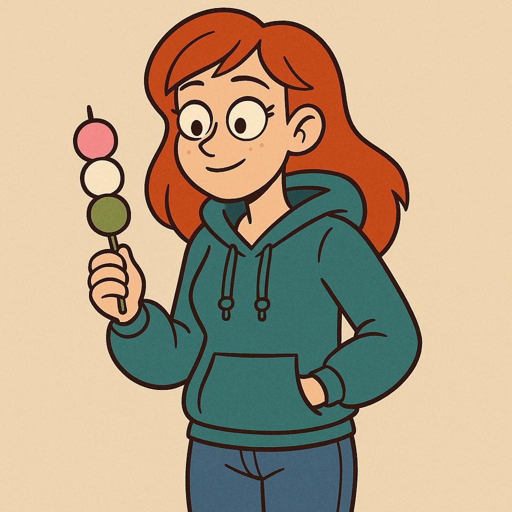 A girl red hair teal women's hoodie blue jeans Dango holding  emoji