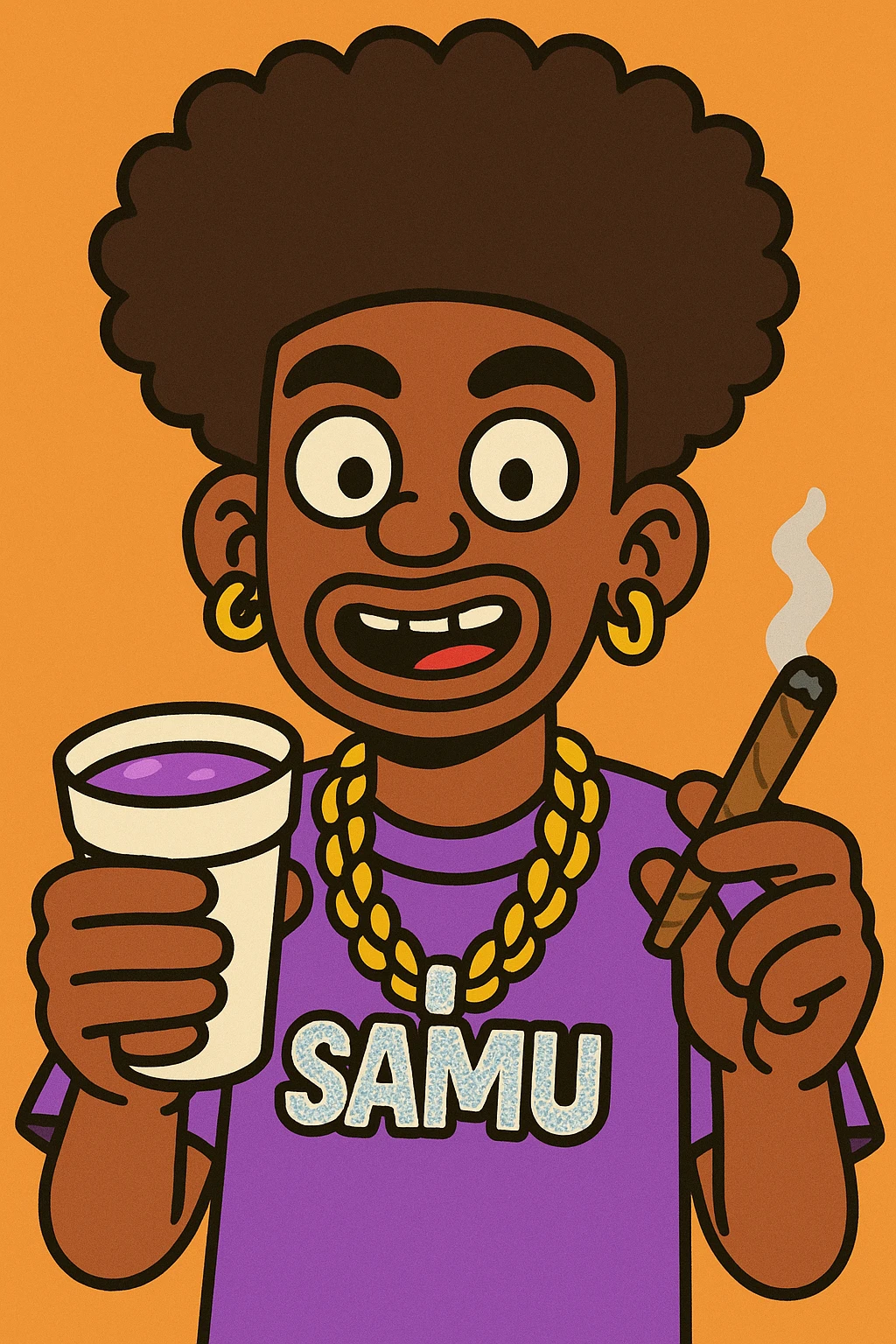 character with a high curly afro hairstyle, wearing an 'ice out' chain that spells 'samu', holding a lean drink and a joint in hand, bold detailed style emoji