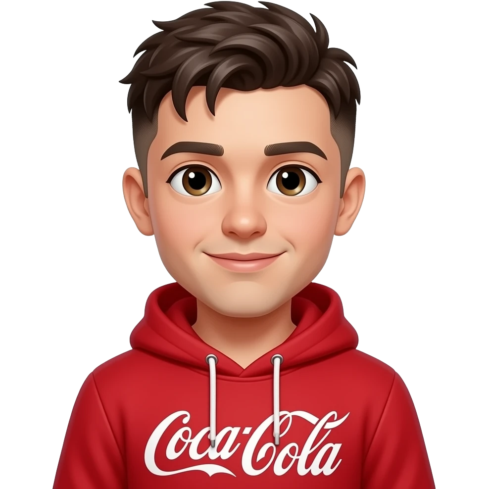 young man with taper fade + messy fringe wearing coca coka hoodir emoji