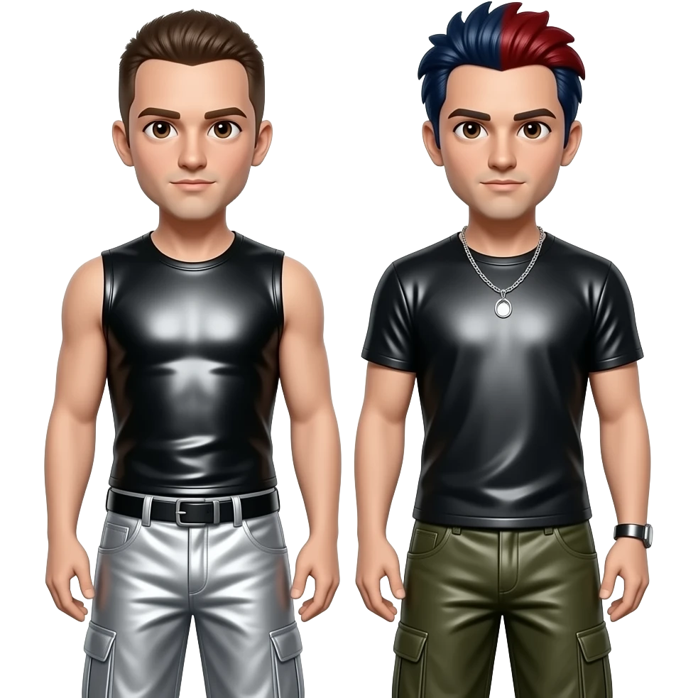 Linkin Park with Chester with brown eyes, black metallic sleeveless shirt, silver baggy pants, Mike with brown eyes, dark indigo and red hair, black metallic t-shirt, olive metallic baggy pants, silver necklace emoji