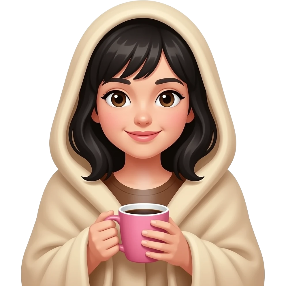 A white girl with black hair, with a beige blanket, brown top, and a coffee in a very cozy pink cup, in iPhone emoji style. emoji