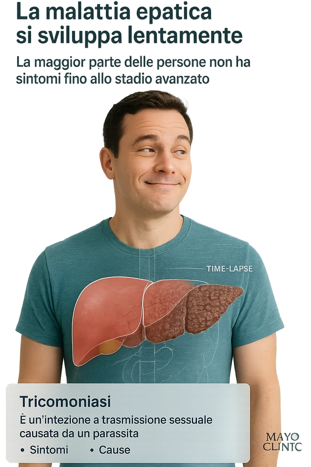 "Healthy-looking man unaware that liver disease develops slowly with most people having no symptoms until late stage A sexually transmitted infection caused by a parasite-Trichomoniasis - Symptoms & causes - Mayo Clinic, expression of false confidence in his health, transparent liver overlay showing progressive damage despite feeling normal, time-lapse visualization of gradual liver deterioration in italiano emoji