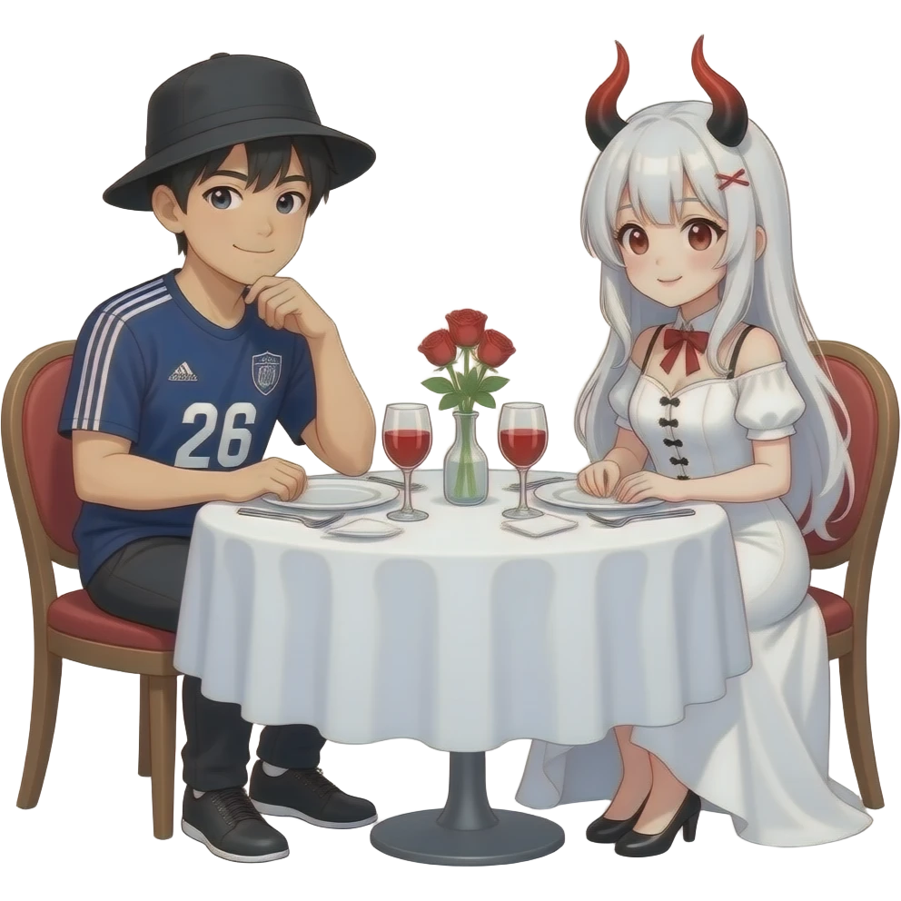 romantic date at a dinner table. The guy is asian an wears a black fishing hat and a dark blue soccer tricot. The girl is dressed as an anime girl with a white wig, white dress and black-red horns emoji