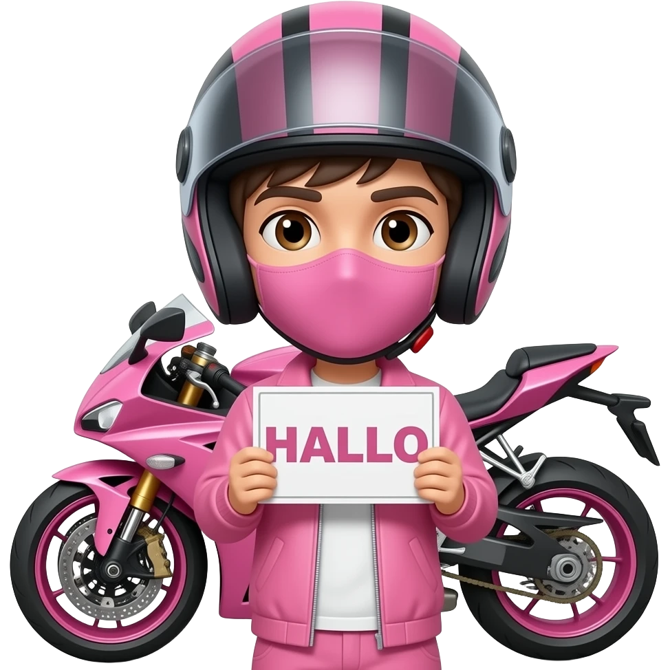 sexy boy with a motorcycle helmet in pink clothes and a pink motorcycle wearing a pink mask holding a HALLO sign emoji