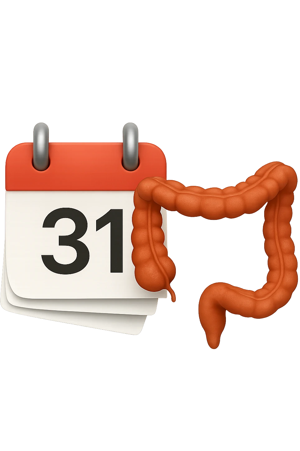 emoji stile iphone di un calendario con fogli che volano insieme a pezzi anatomici di colon umano, iperrealistico 4k, isolato su sfondo bianco emoji