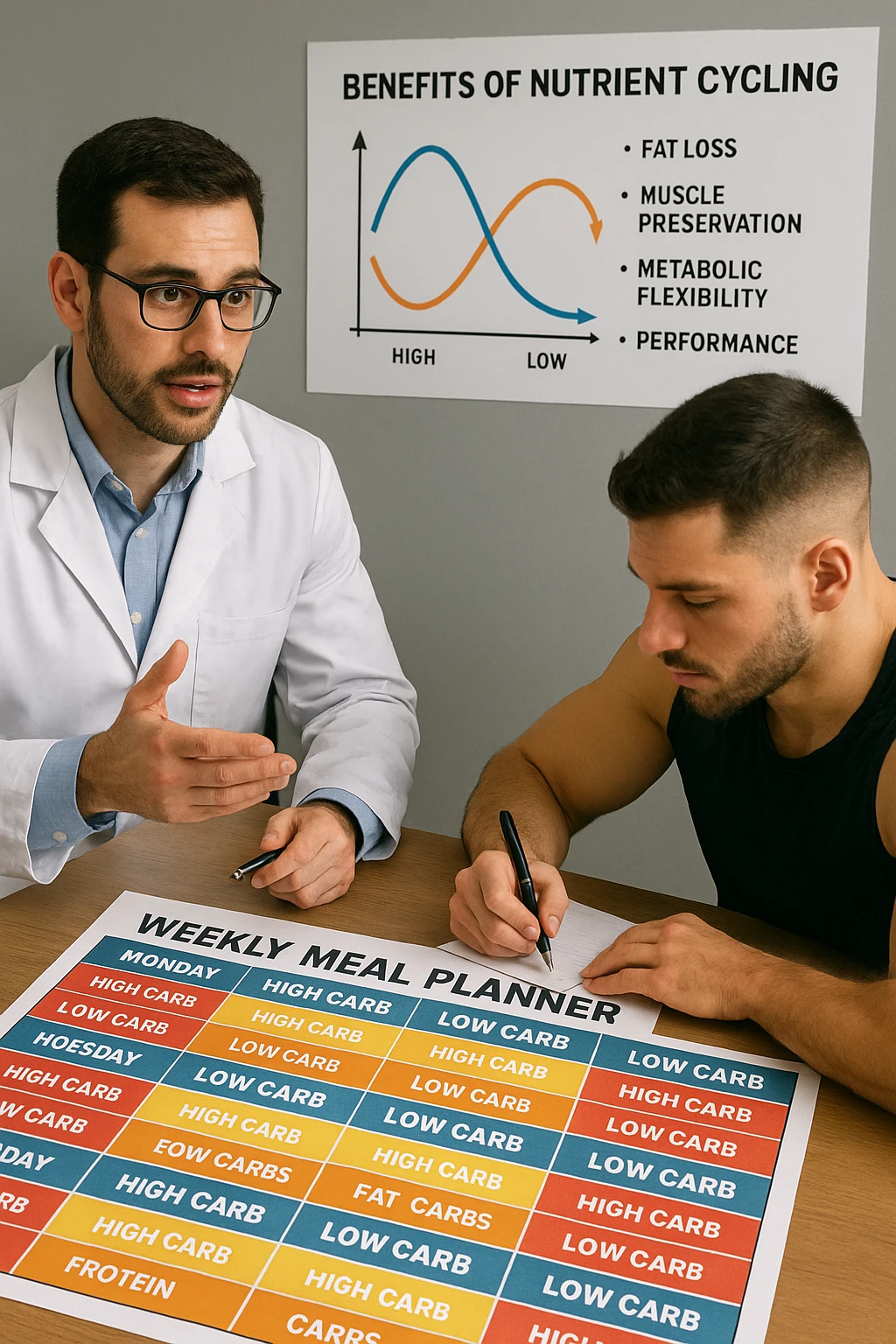 a nutritionist explains to an athlete how to cycle macronutrients for fat loss and training. On the desk, a weekly meal planner shows alternating high-carb and low-carb days, with color-coded sections for proteine, grassi, and carbo. The athlete takes notes, and a chart in the background illustrates the benefits of nutrient cycling. The mood is professional and educational. scritto in italiano emoji