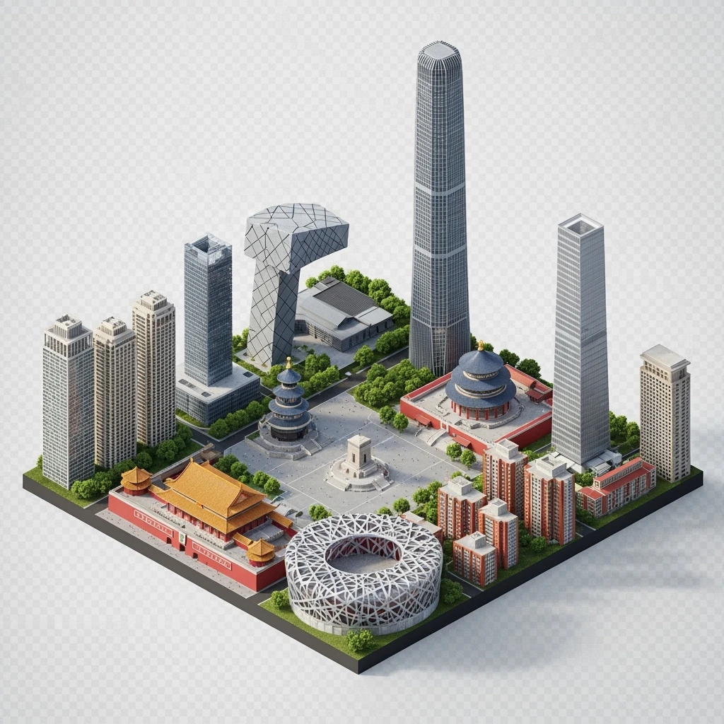 Isometric miniature of Beijing Forbidden City, Tiananmen Square, CCTV Headquarters, Temple of Heaven, China Zun skyscraper, Bird’s Nest Stadium, Beijing apartment blocks, 3D miniature effect and Tilt Shift effect, no cartoonish look, transparent background, don't cut angles emoji