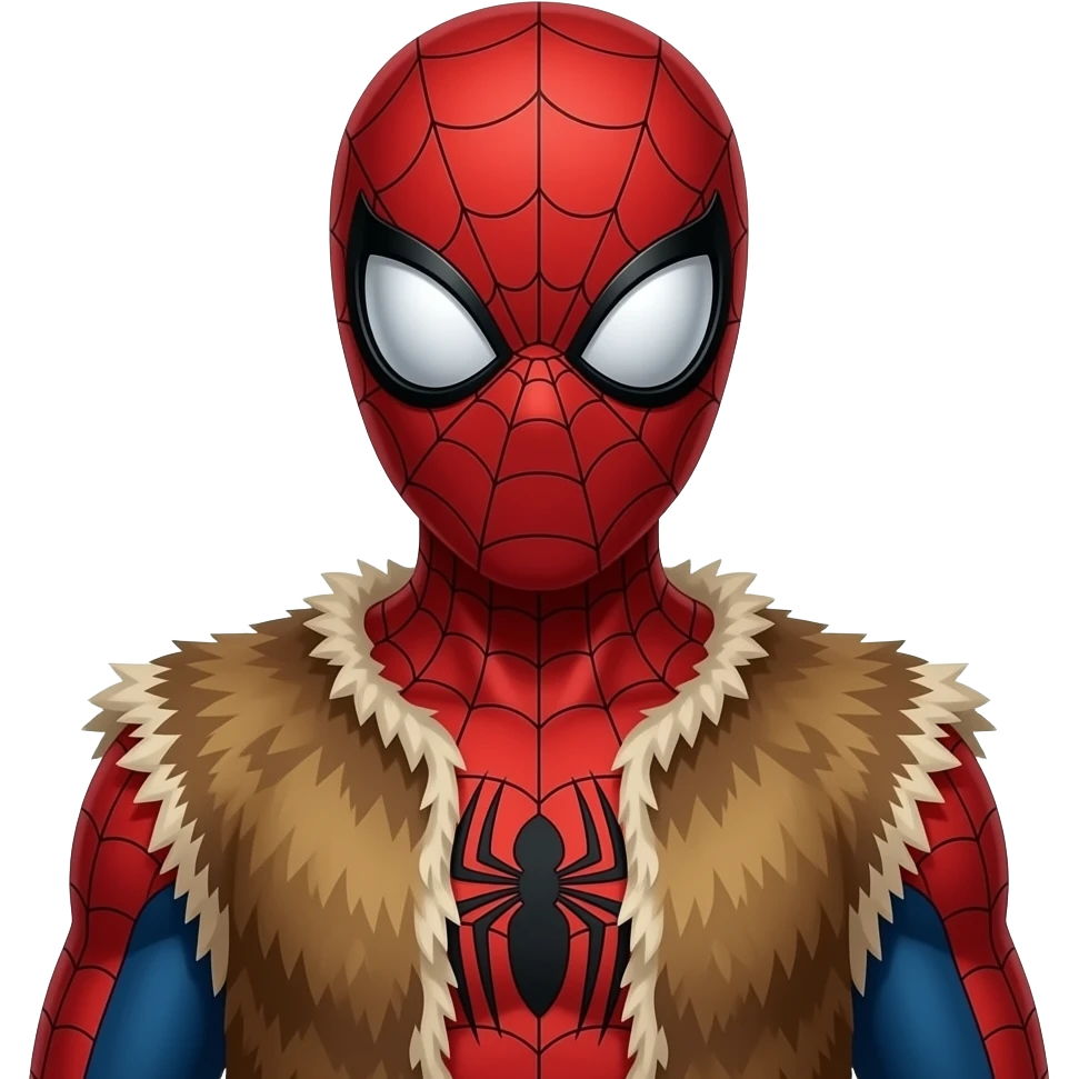 a SPIDERMAN RED   wearing ancient animal skin cloth, half body, icon, yellow skin emoji