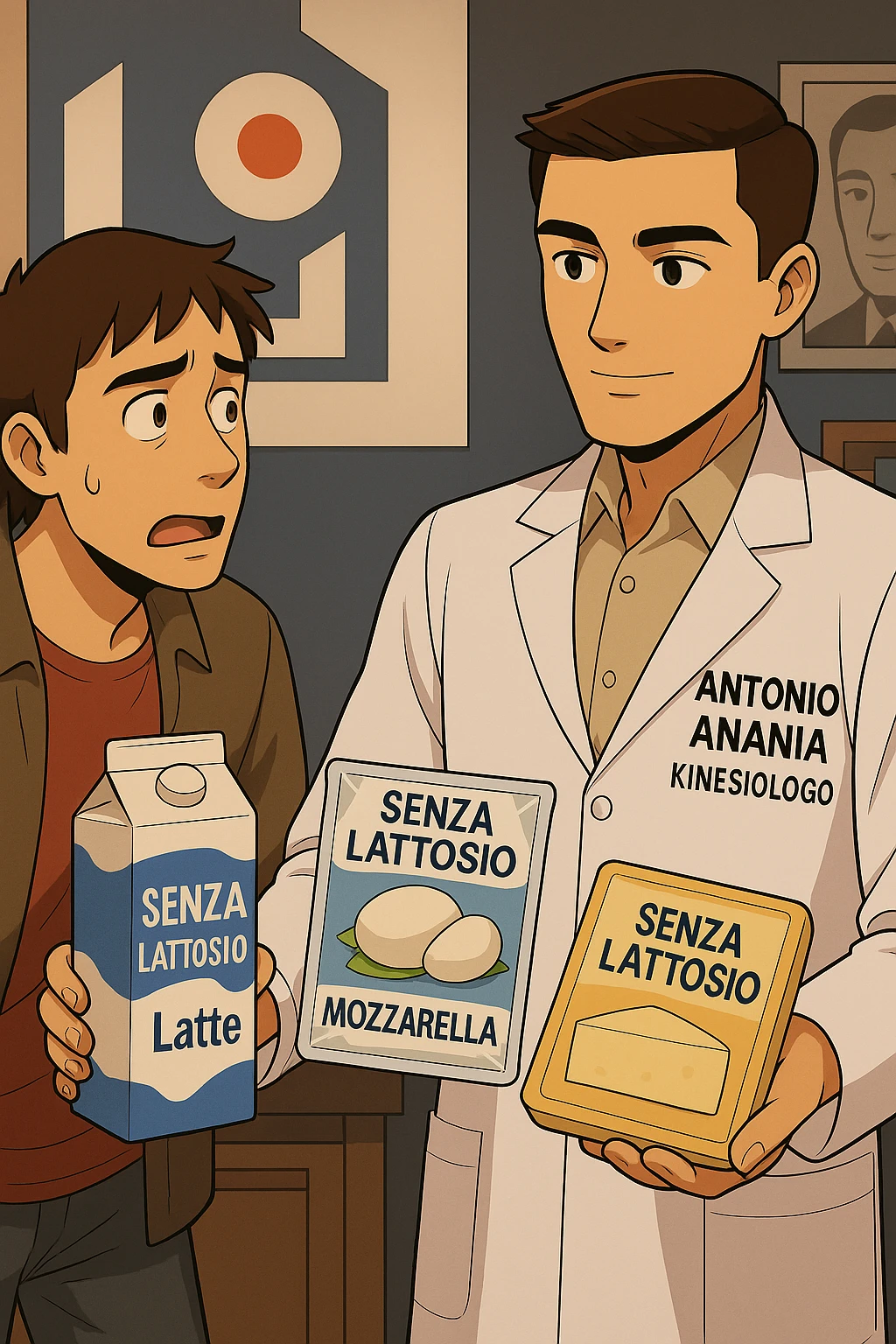 fai un webtoon manga a colori con questo stile, in cui un uomo ASCOLTA Il kinesiologo con il camice bianco (fagli anche la scritta "ANTONIO ANANIA" SUL CAMICE, IL KINESIOLOGO SPIEGA ALL'UOMO UNA MOSTRANDO VARI PRODOTTI DA SUPERMERCATO CONFEZIONATI (TIPO SCATOLA DI LATTE, MOZZARELLE CONFEZIONATE, FORMAGGIO CONFEZIONATO), OGNI CONFEZIONE HA LA SCRITTA "SENZA LATTOSIO SULL'ETICHETTA. L'UOMO OSSERVA IL KINESIOLOGO CON ESPRESSIONE CONFUSA IN VOLTO. non fare i fumetti però, fai solo in modo che sembri stiano parlando emoji