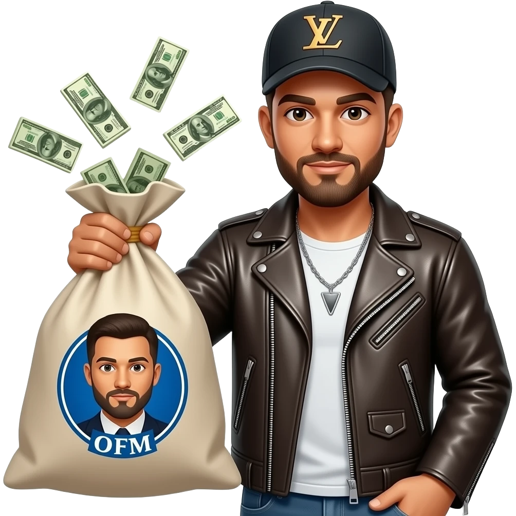 марень в кожаной куртке в кепке LV в руках сумка с нее выпирают деньги на сумке эмблемой OFM emoji