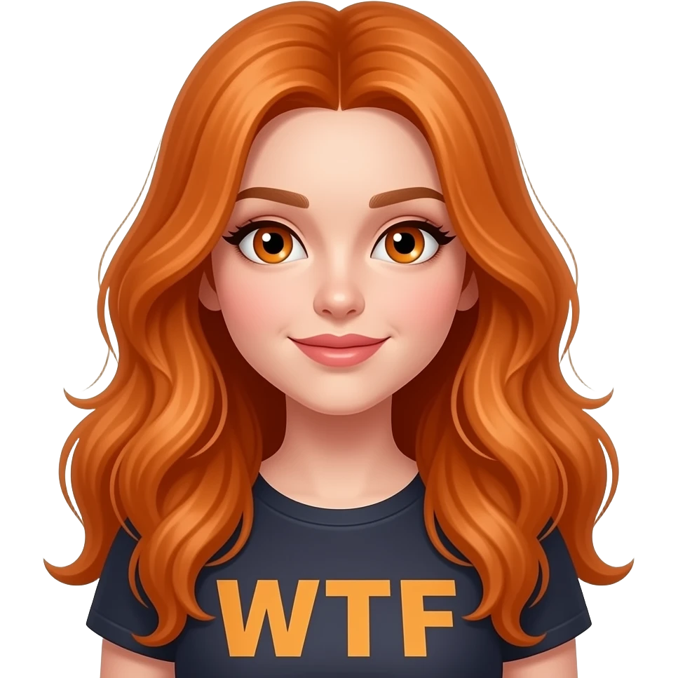 sexy girl with overlong ginger hair and ginger eyes a top with WTF written on it emoji